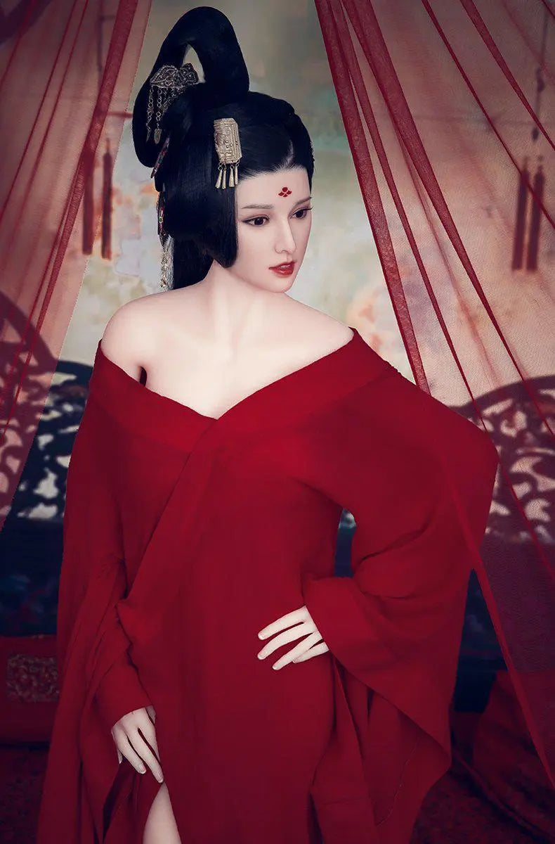 Amara cloud bun updo dark crimson gown red drape backdrop imperial reclining pose Chinese ghost beauty allure, standing posture – Asian fantasy companion sex doll by TopLoveDoll