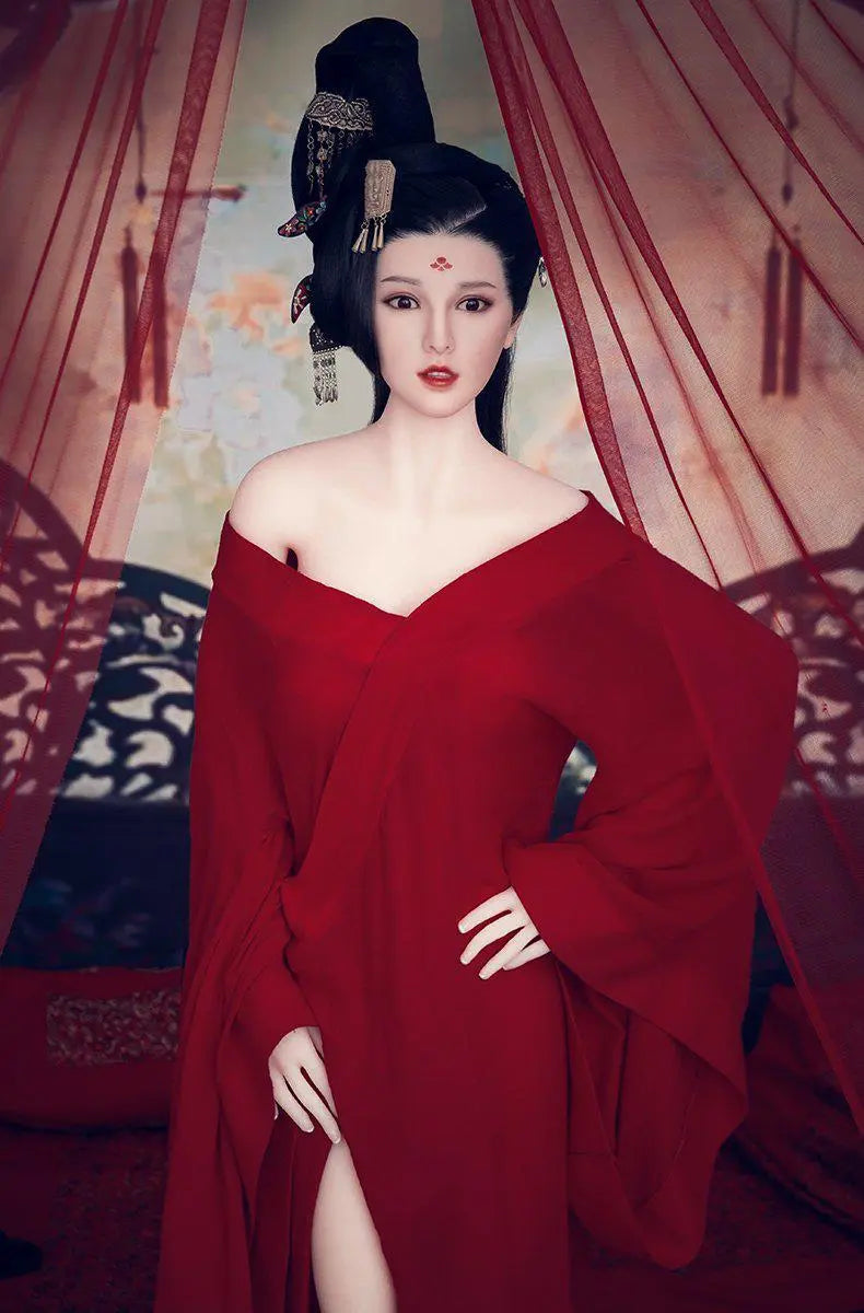 Amara cloud bun updo dark crimson gown red drape backdrop imperial reclining pose Chinese ghost beauty allure – Asian fantasy companion sex doll by TopLoveDoll
