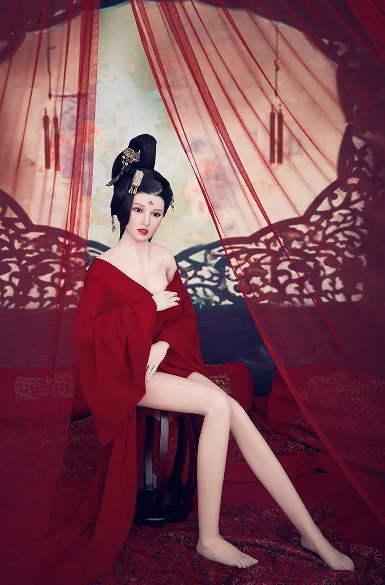 Amara cloud bun updo dark crimson gown red drape backdrop imperial reclining pose Chinese ghost beauty allure, showing legs – Asian fantasy companion sex doll by TopLoveDoll