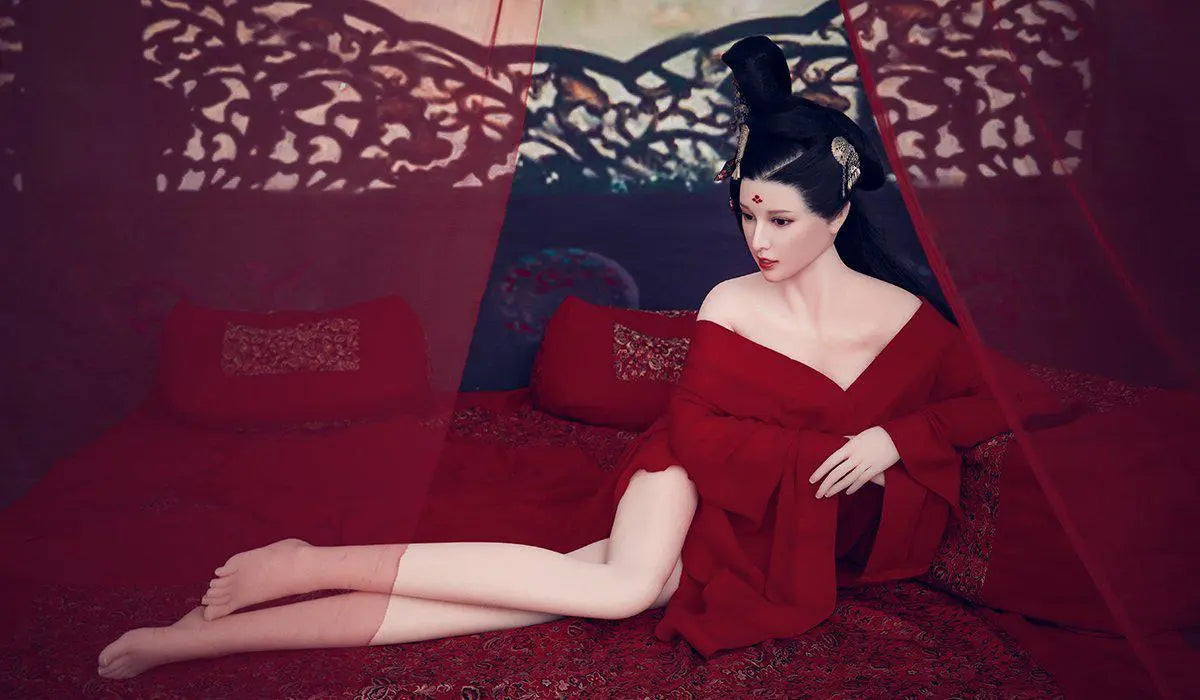 Amara cloud bun updo dark crimson gown red drape backdrop imperial reclining pose Chinese ghost beauty allure, lying on bed, showing her legs and shoulders – Asian fantasy companion sex doll by TopLoveDoll