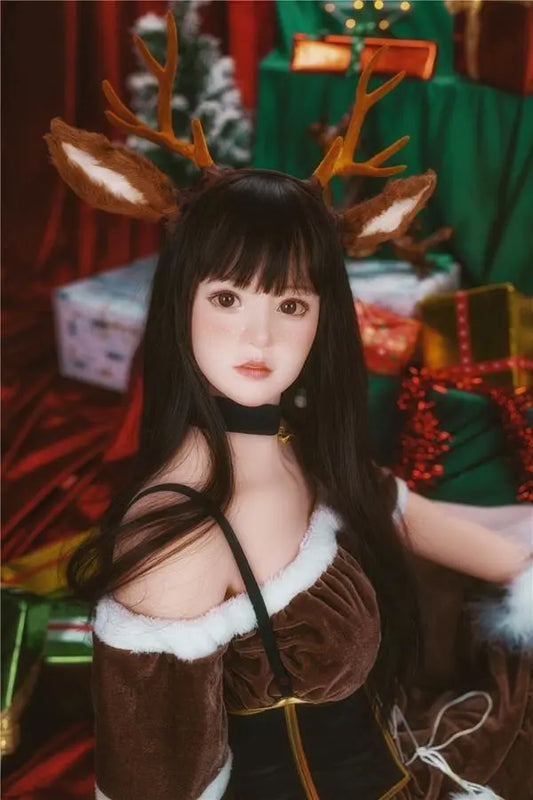 Amaris long black straight hair blunt bangs antler headband brown velvet top, Asian school goddess face Christmas red green background, cute asian girlfriend – deer girl cosplay sex doll by TopLoveDoll