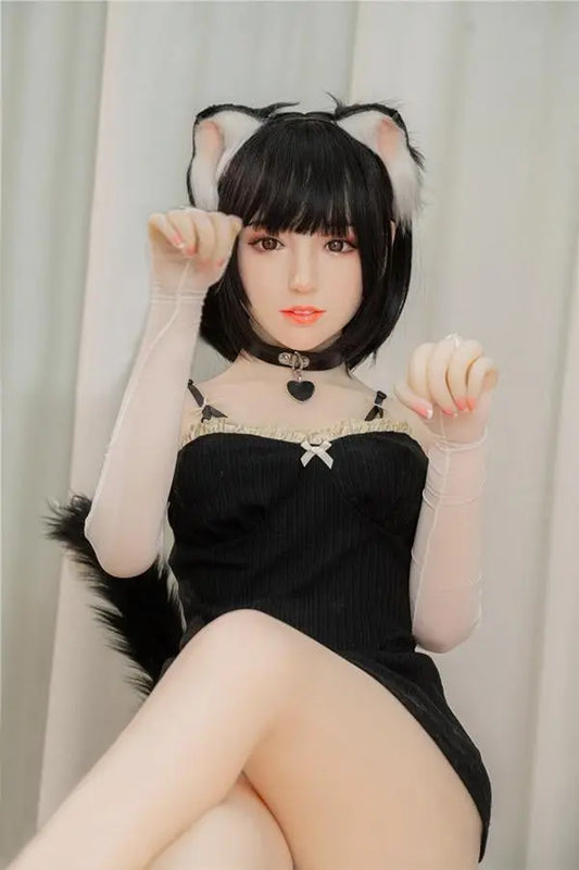 Amelie short black hair cat ears tail collar black bodysuit soft round face Asian catgirl full cosplay set, asian waifu catgirl cosplay, fun night for you– anime companion sex doll by TopLoveDoll