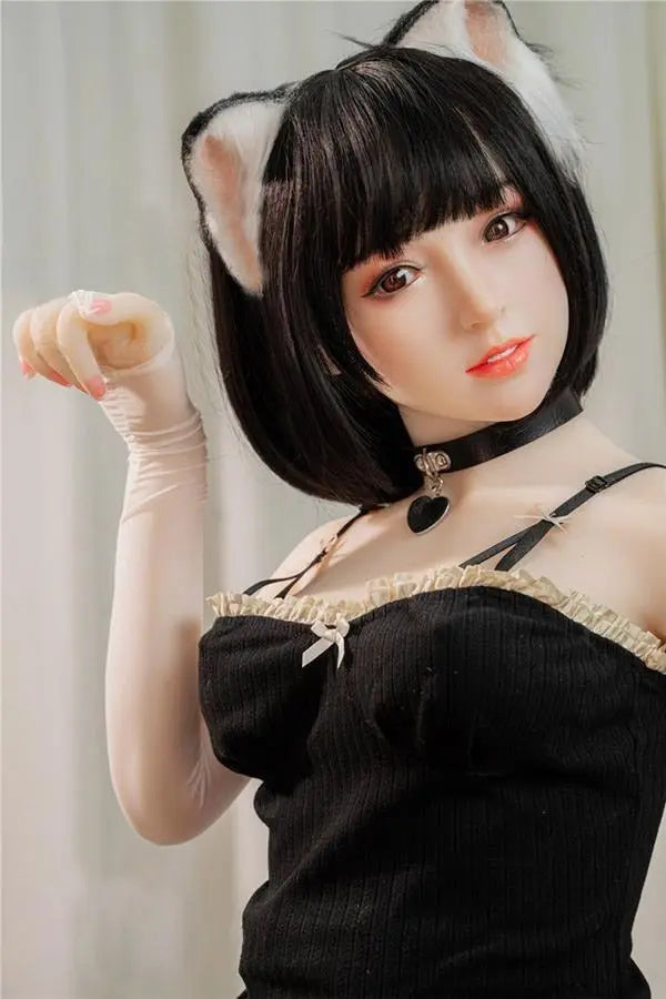 Amelie short black hair cat ears tail collar black bodysuit soft round face Asian catgirl full cosplay set, asian waifu catgirl cosplay, fun night for you, doing the pur gesture – anime companion sex doll by TopLoveDoll