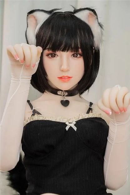 Amelie short black hair cat ears tail collar black bodysuit soft round face Asian catgirl full cosplay set, asian waifu catgirl cosplay, fun night for you, doing the cat kneading gesture – anime companion sex doll by TopLoveDoll