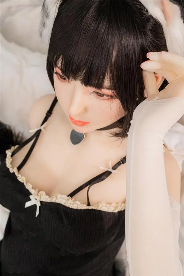 Amelie short black hair cat ears tail collar black bodysuit soft round face Asian catgirl full cosplay set, asian waifu catgirl cosplay, fun night for you, close up – anime companion sex doll by TopLoveDoll