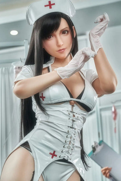 Amethyst long black hair white fitted nurse uniform black thigh-high stockings white gloves Tifa-inspired figure, putting on gloves– nurse roleplay cosplay sex doll by TopLoveDoll