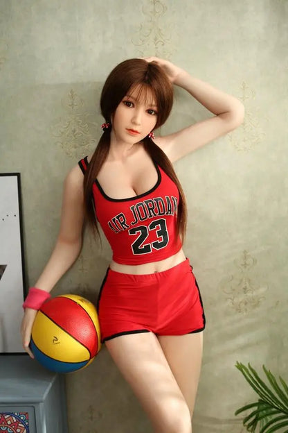 Annette dark brown twin low pigtails air fringe bangs red Air Jordan 23 jersey white sports socks curvy college girlfriend pose, standing, showing deep cleavage, a basketball at her side – athletic Asian sex doll by TopLoveDoll