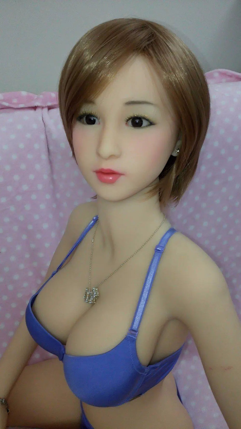 Aubrey Y2K short hair Asian girl next door sex doll, in blue biniki set, selfie style, showing her deep cleavage- sweet peach millennium GND by TopLoveDoll