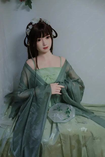 Autumn hanfu Asian girl next door sex doll, in green hanfu attire, sitting sedately, ancient chinese hairstyle, traditional Chinese dress jade green beauty by TopLoveDoll