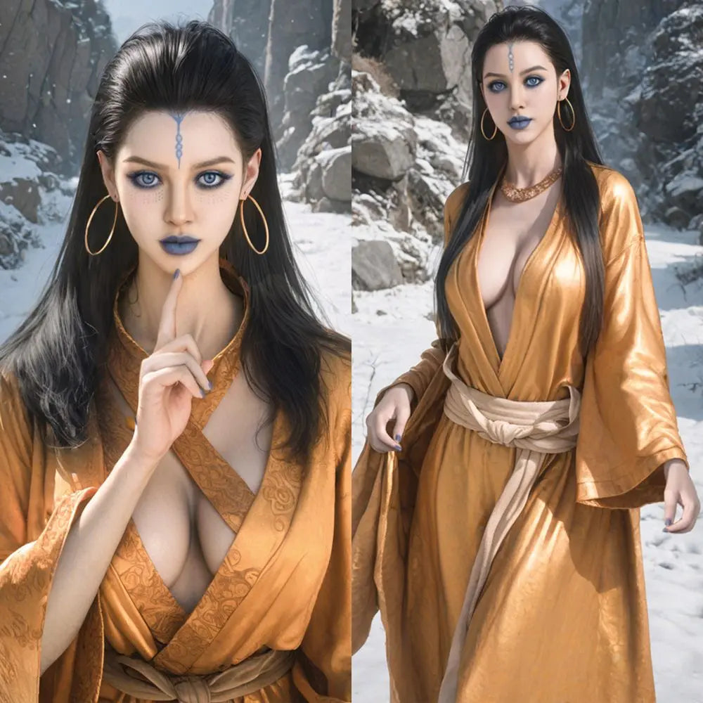 Kang Jin Black Myth Wukong Star Lord cosplay sex doll in a golden robe    standing in between some snowy rocky mountains, collage- AI sculpted golden warrior beauty by TopLoveDoll