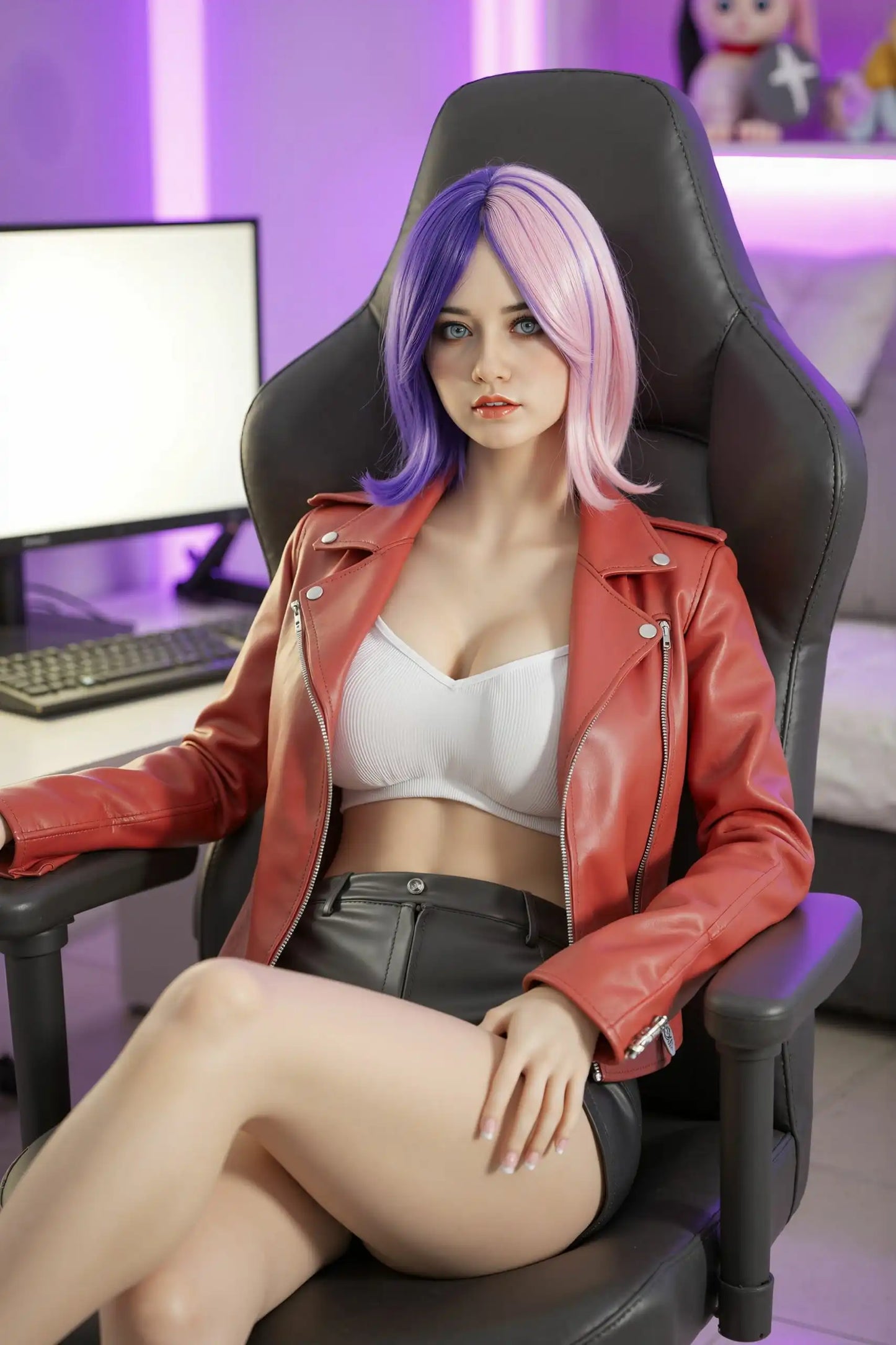 Ayla Gen Z gamer girl sex doll in red leather jacket sitting on gaming chair in a purple lighted gaming room with a lighted screen on the background- split-dye purple pink hair anime BJD by TopLoveDoll