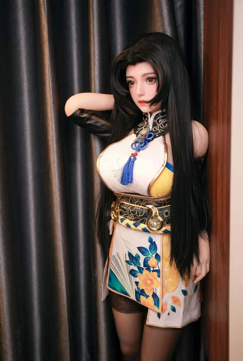 Side profile of Koharu Naraka Bladepoint sex doll - premium BJD companion with flowing black hair and ornate warrior armor