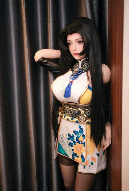 Side profile of Koharu Naraka Bladepoint sex doll - premium BJD companion with flowing black hair and ornate warrior armor