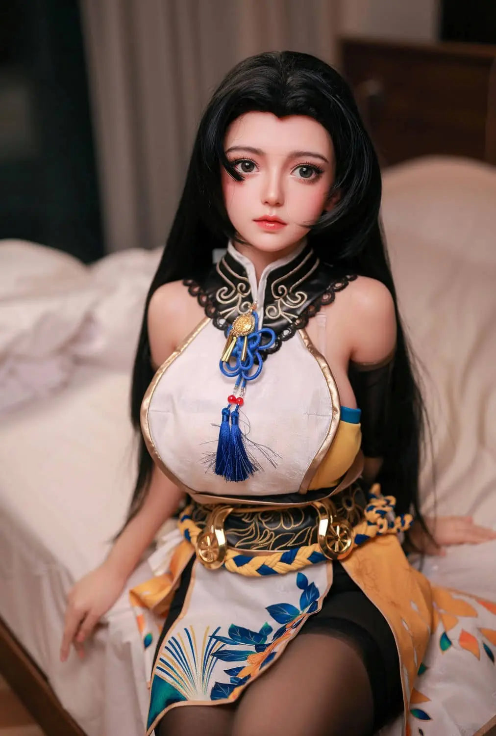 Tsuchimikado Koharu Naraka Bladepoint BJD sex doll in pose - warrior companion with gold armor and blue tassel accessories