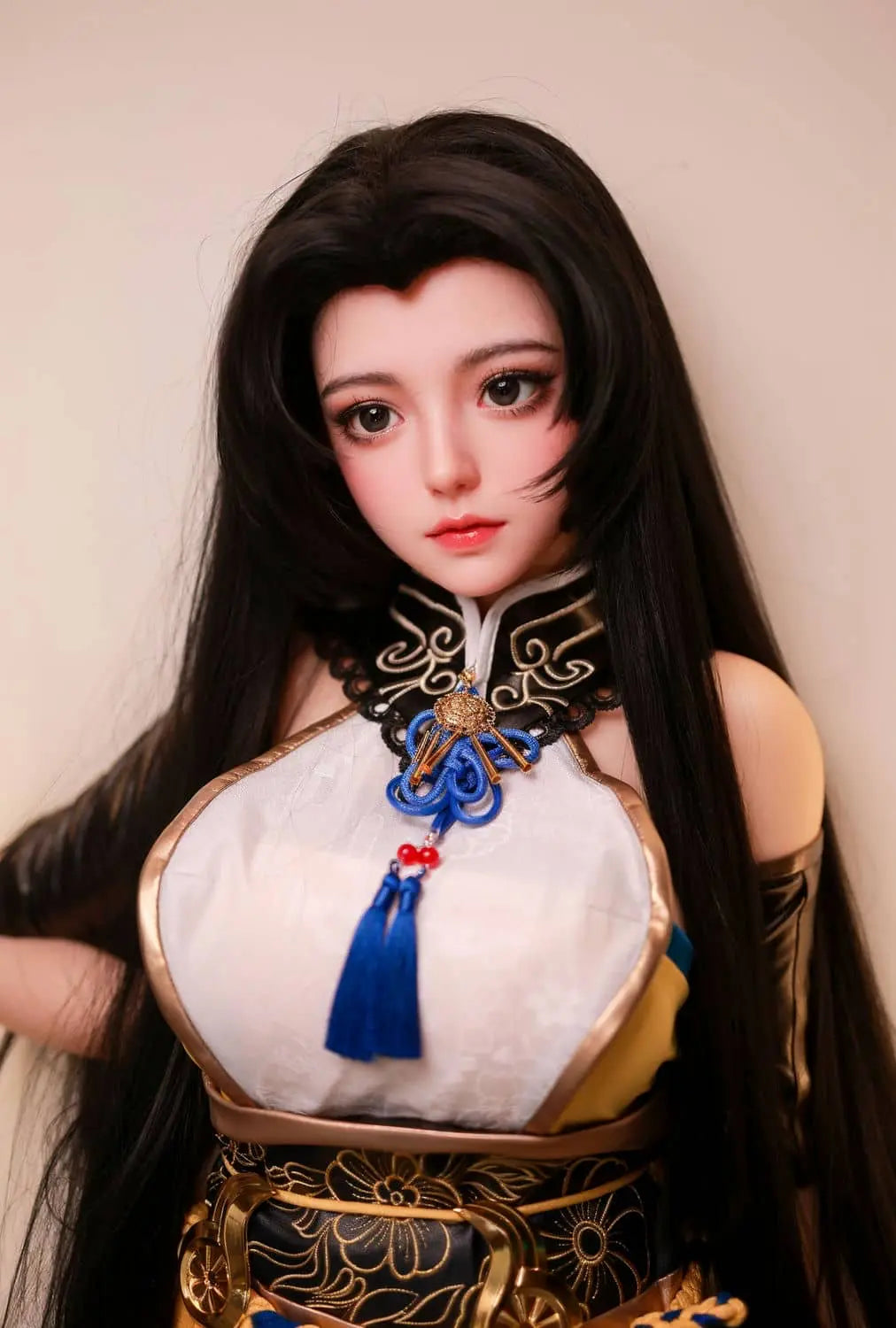 Tsuchimikado Koharu Naraka Bladepoint BJD sex doll in standing pose on a white background- lovely charming warrior companion in long-black straight hair.