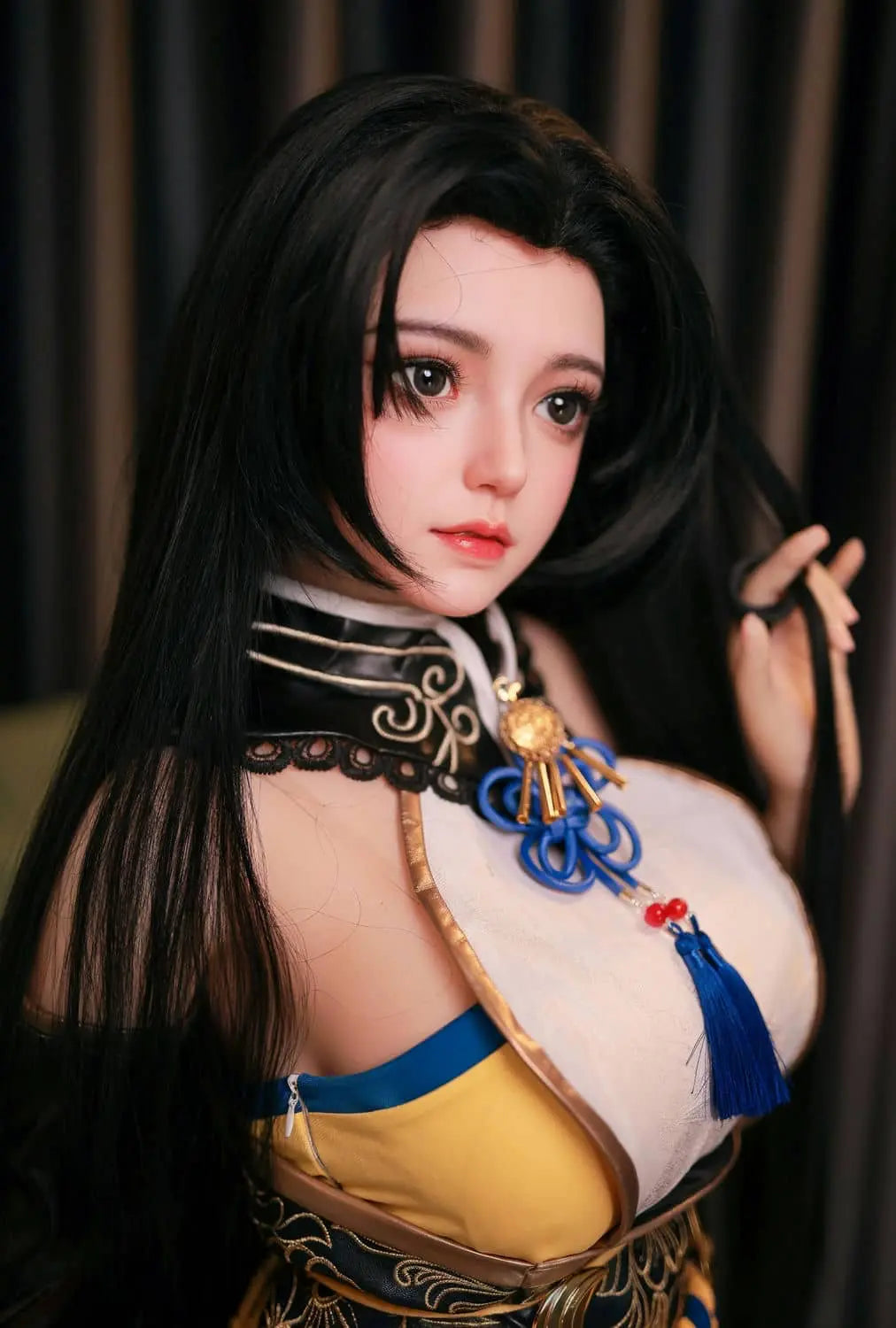 Tsuchimikado Koharu Naraka Bladepoint BJD sex doll sitting on a sofa  touching her own long black straight hair - Visit toplovedoll.com to see more of it.