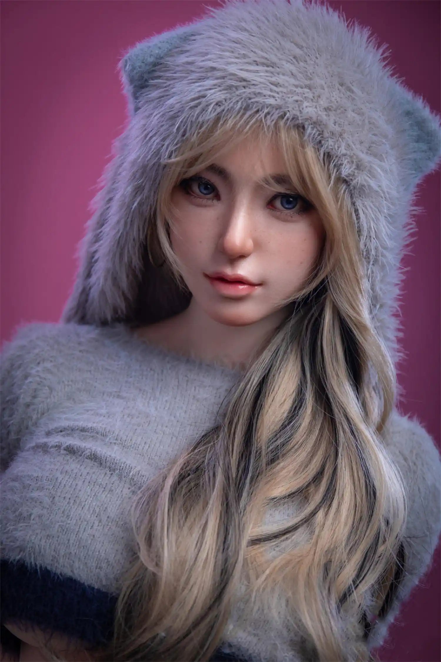 Angelina Russian chubby sex doll close-up face, porcelain skin with rose flush, blue eyes, fuzzy bear-ear crop top, blonde hair, lifelike adult doll by TopLoveDoll