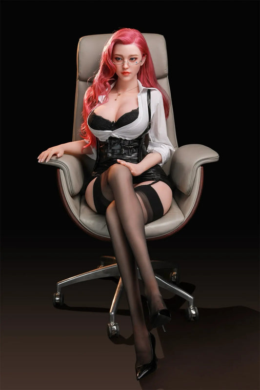 Red Queen Sora sex doll – dominant busty redhead BDSM sex robot doll in white shirt open over black lace bralette with leather corset skirt and garter stockings seated in leather office chair, lifelike love doll by TopLoveDoll, full body 3/4 view