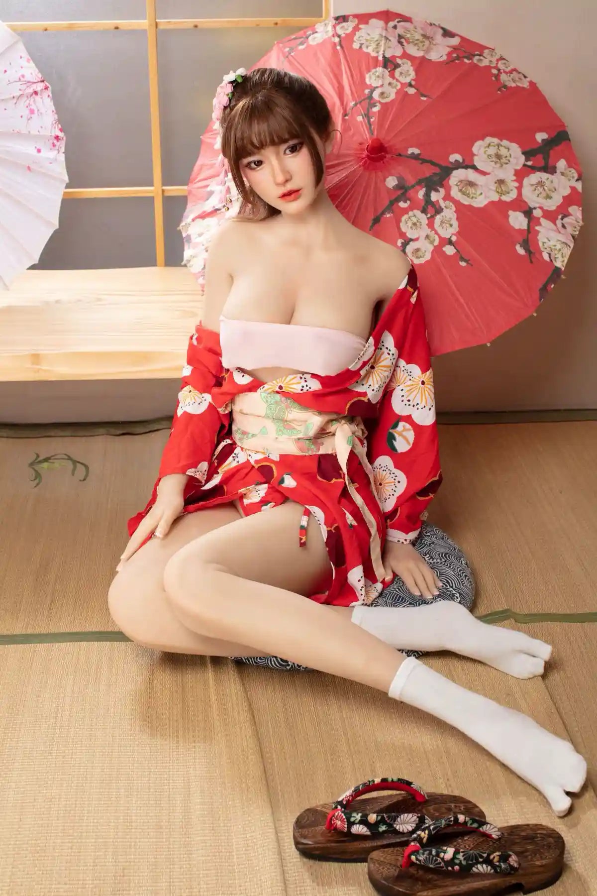 Raina sweet Asian face red floral kimono yukata parted open full figure tatami setting red oil-paper umbrella cherry blossom print, sitting, in front of a red peach blosom umbrella, in a Japanese tea room – Japanese geisha cosplay sex doll by TopLoveDoll