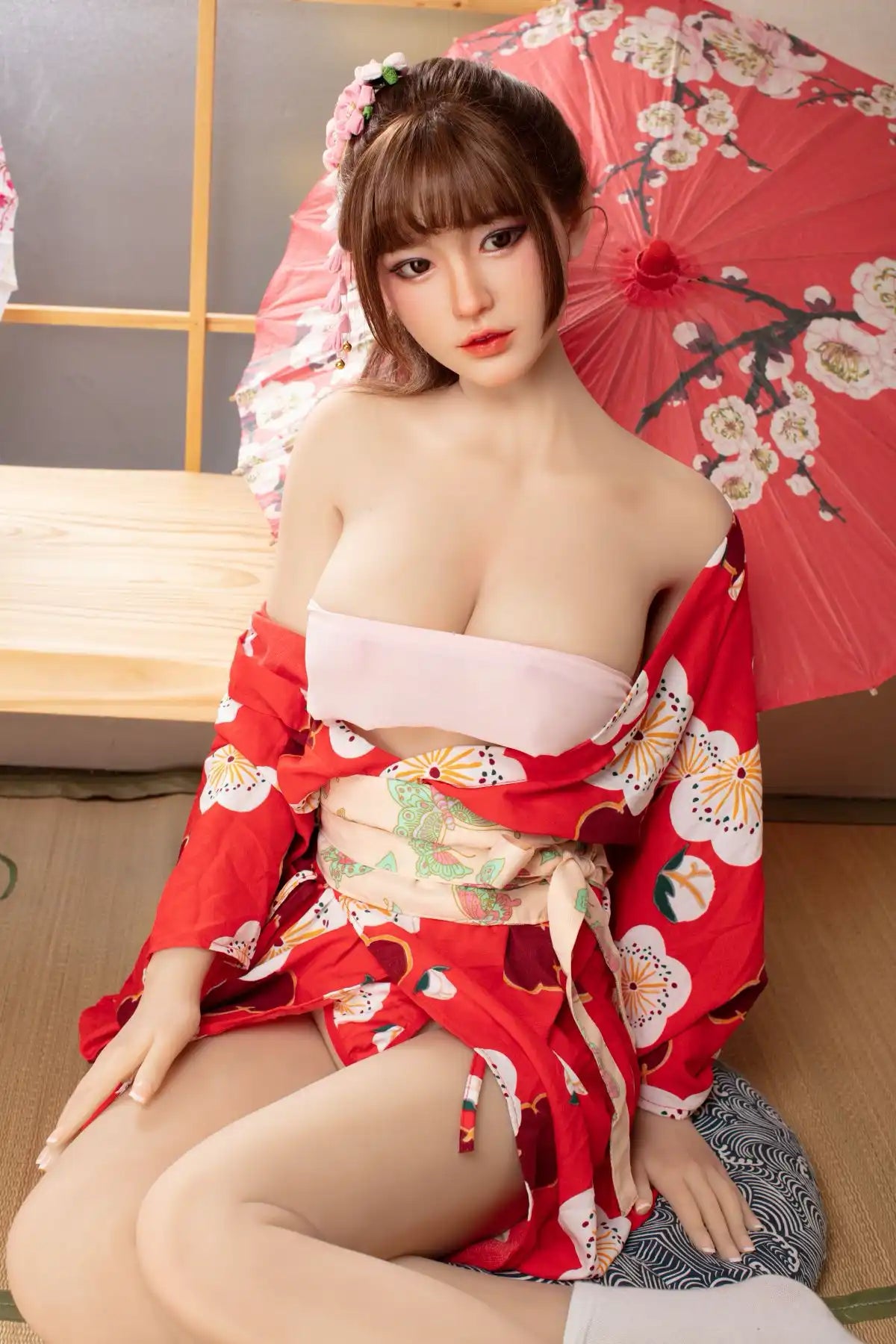 Raina sweet Asian face red floral kimono yukata parted open full figure tatami setting red oil-paper umbrella cherry blossom print, sitting, in front of a red peach blosom umbrella, in a Japanese tea room, bust shot– Japanese geisha cosplay sex doll by TopLoveDoll
