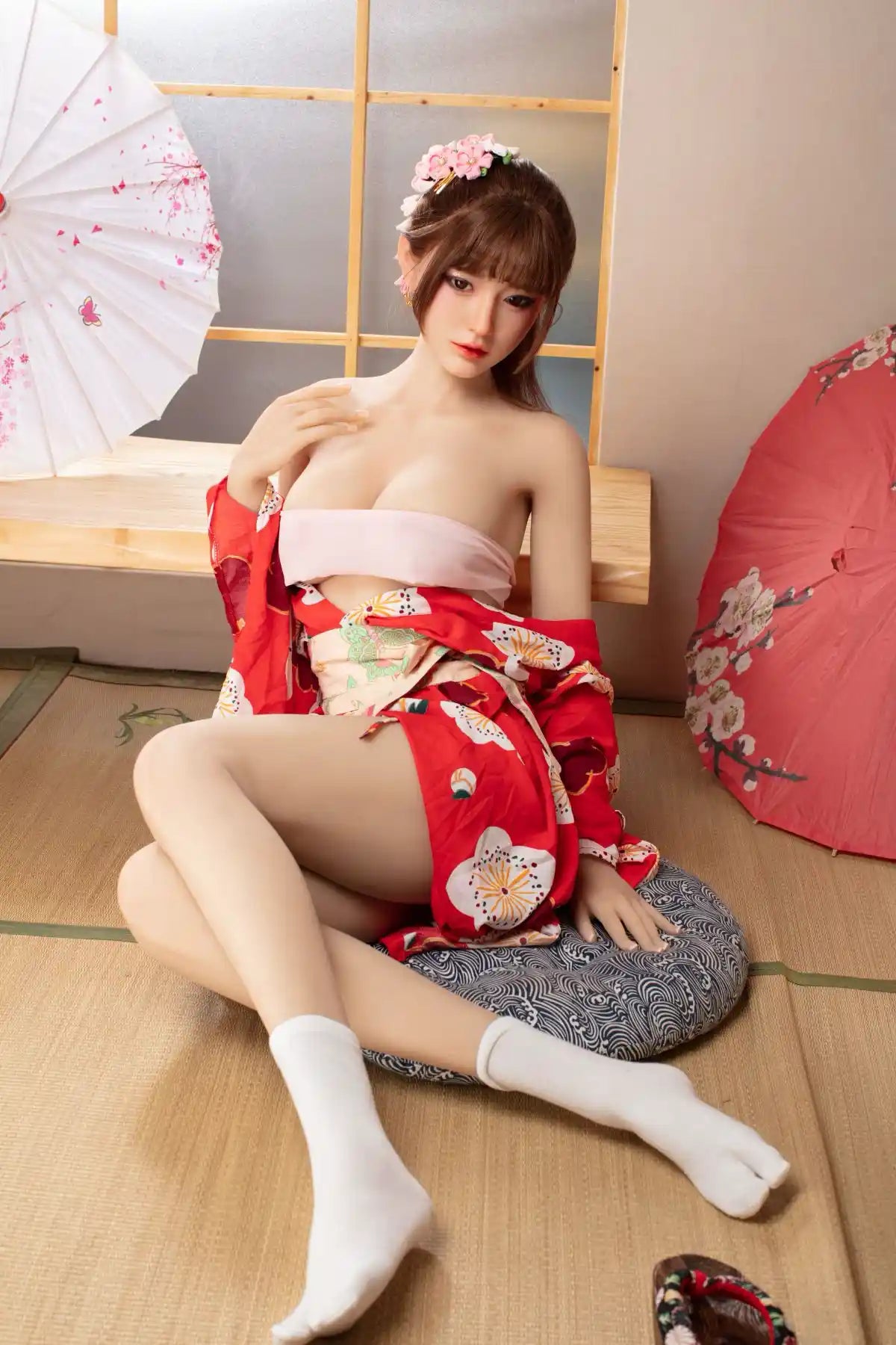 Raina sweet Asian face red floral kimono yukata parted open full figure tatami setting red oil-paper umbrella cherry blossom print, sitting, in front of a red peach blosom umbrella, in a Japanese tea room, undressing herself and revealing her shoulders and beautiful curves– Japanese geisha cosplay sex doll by TopLoveDoll