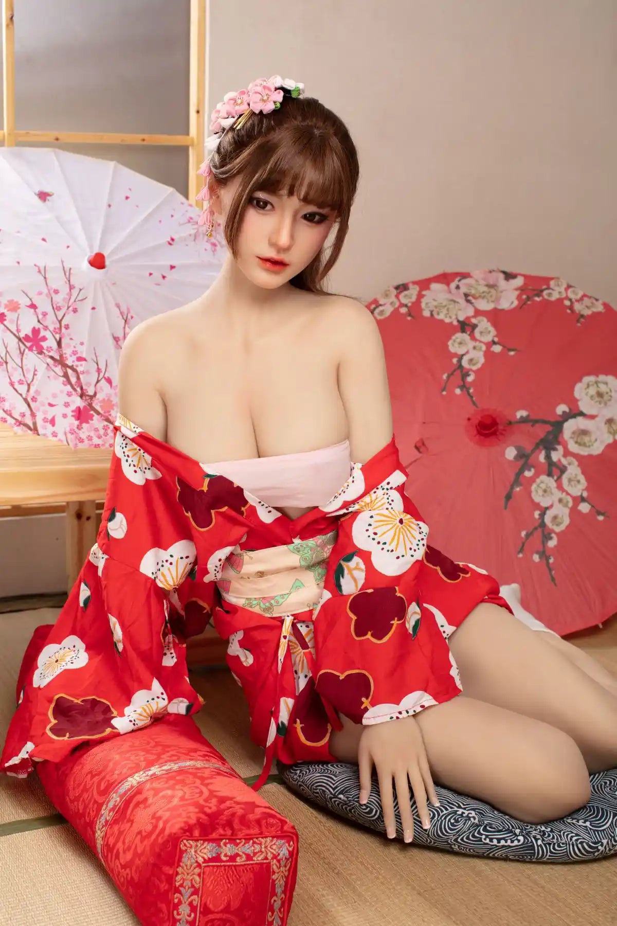 Raina sweet Asian face red floral kimono yukata parted open full figure tatami setting red oil-paper umbrella cherry blossom print – Japanese geisha cosplay sex doll by TopLoveDoll